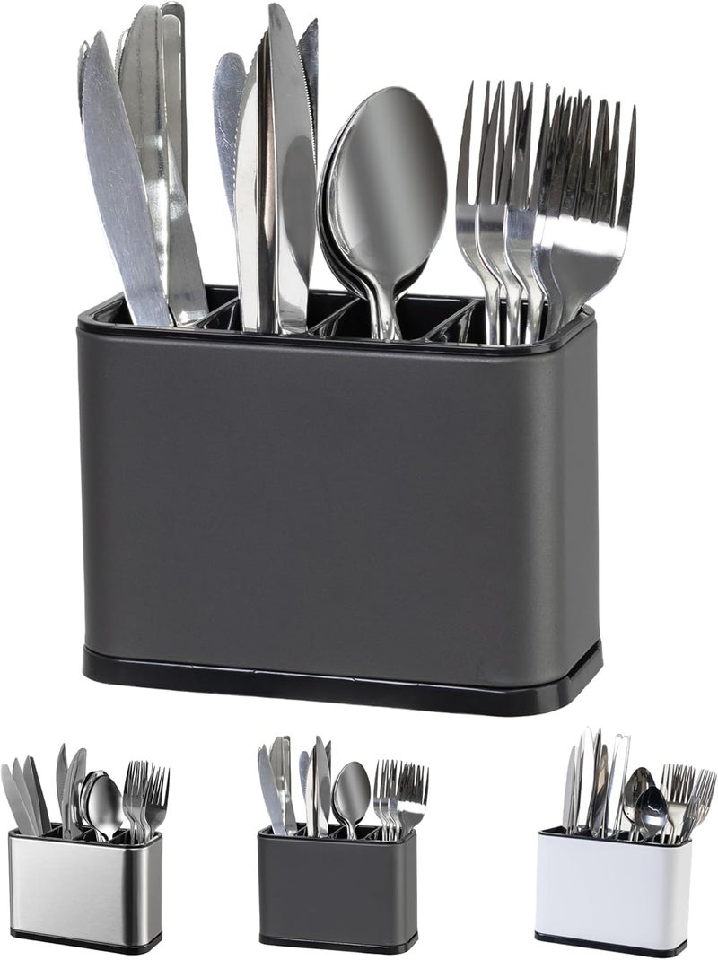 LIBODOUR Utensil Holder,Stainless Steel Caddy Counter,Spoon holder,4 Compartments Silverware Caddy,Capacity Flatware Spoon Fork Tool Cutlery Holder(Grey) - Image 1